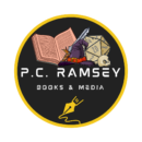 A circular logo for "P.C. Ramsey Books & Media." The design features a cluster of fantasy adventure items—an open book, a sword, a wizard’s hat, a 20-sided die, and a skull—above the brand name and a yellow fountain pen nib icon.