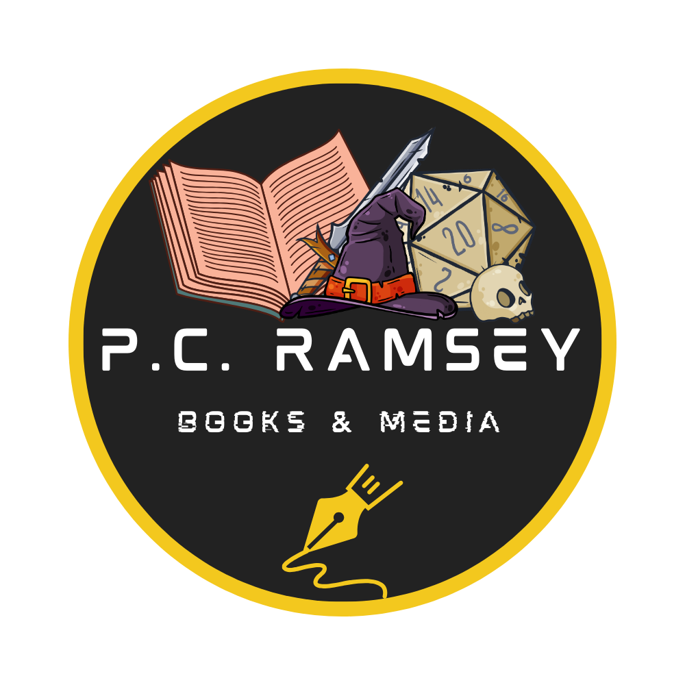 A circular logo for "P.C. Ramsey Books & Media." The design features a cluster of fantasy adventure items—an open book, a sword, a wizard’s hat, a 20-sided die, and a skull—above the brand name and a yellow fountain pen nib icon.